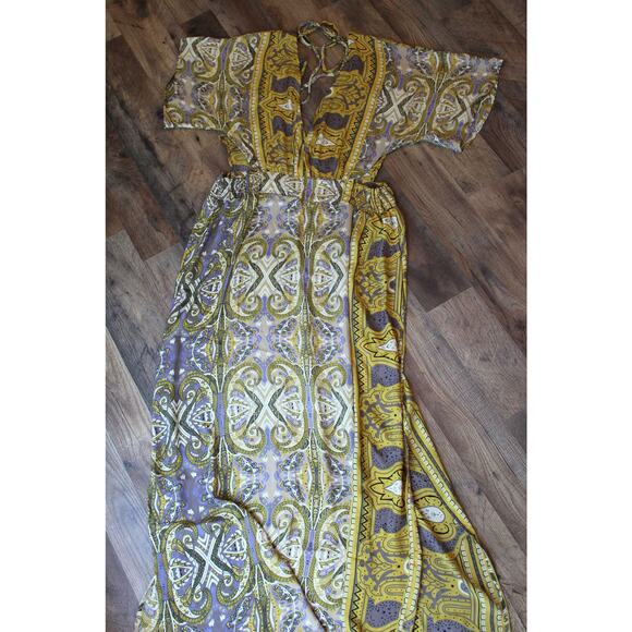 Earthbound Trading Co Women's Yellow Patterned Backless Maxi Dress Cutouts S - Picture 8 of 9